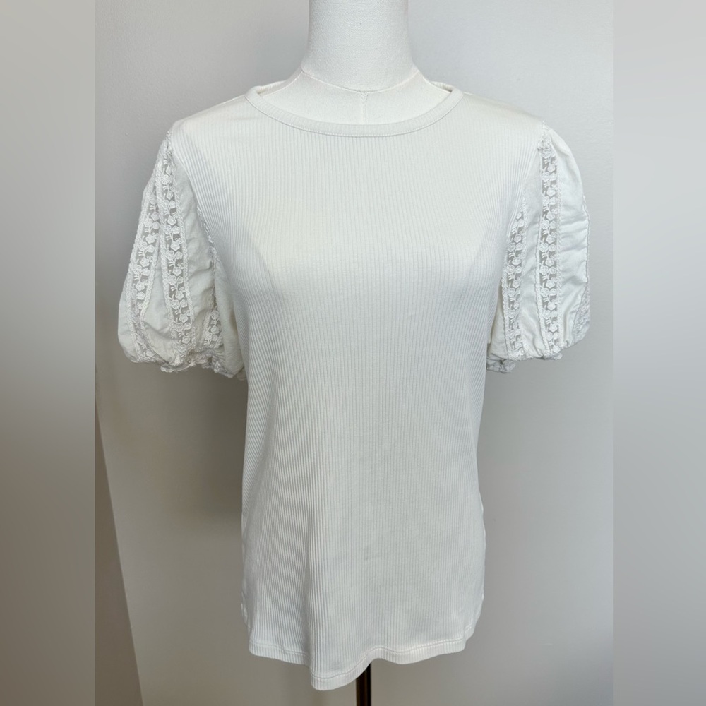 J.Crew Ribbed Lace Puff Sleeve Top - Size Large